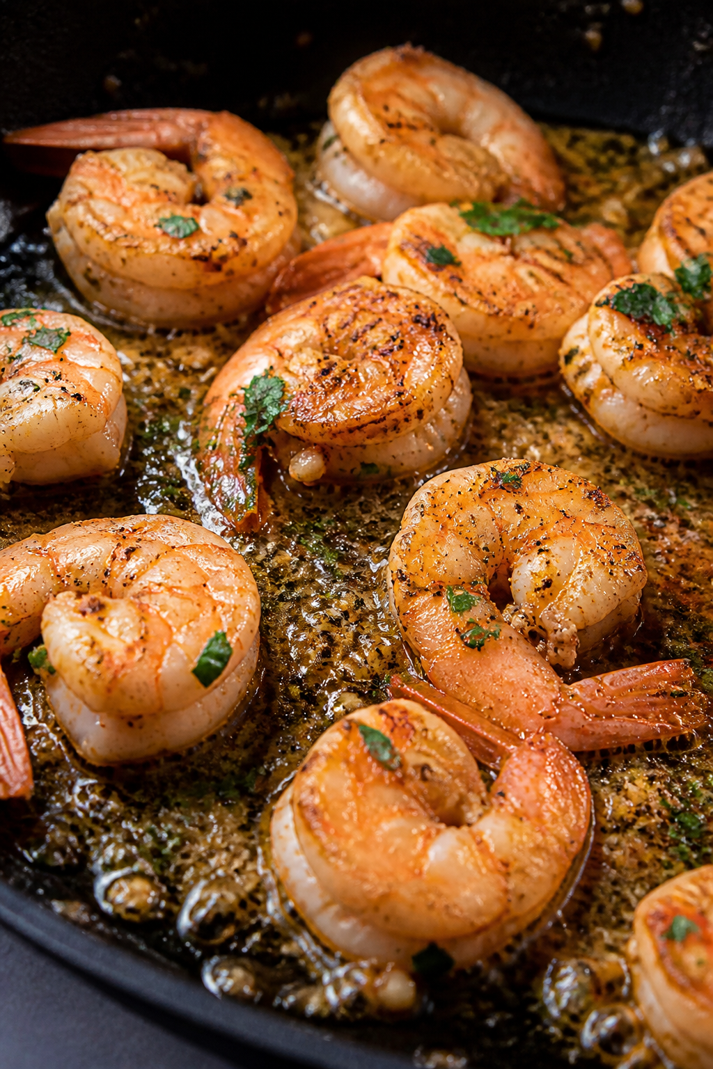 Close-up detail: Searing garlic-parmesan shrimp in a black skillet mid-cook, shrimp just turned pink