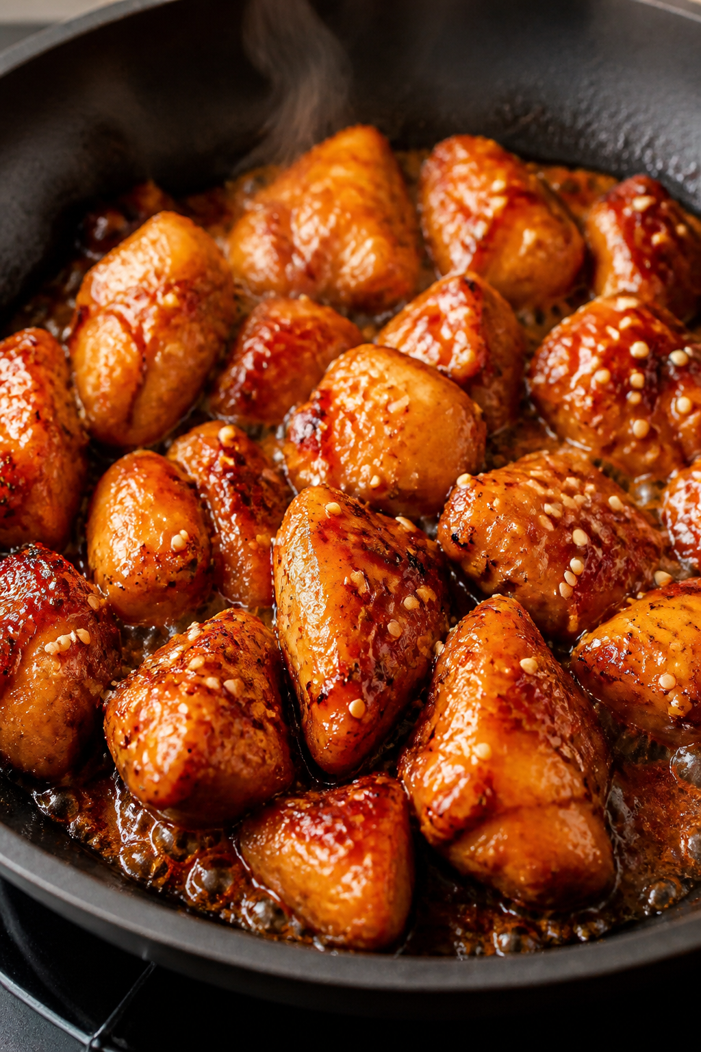 Close-up detail: Searing hot honey chicken in a skillet right after glazing—bite-size browned chic