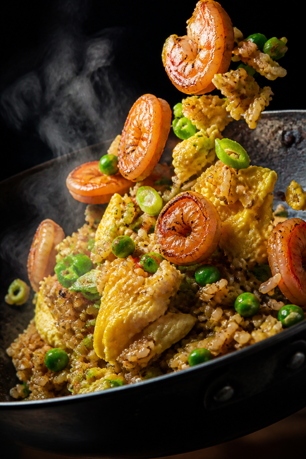 Close-up detail: Searing shrimp and fluffy egg ribbons being tossed back into sizzling fried rice in