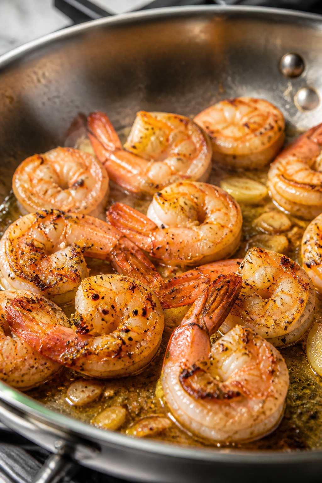 Close-up detail: Searing shrimp just-cooked in a stainless skillet, glistening with olive oil and fl