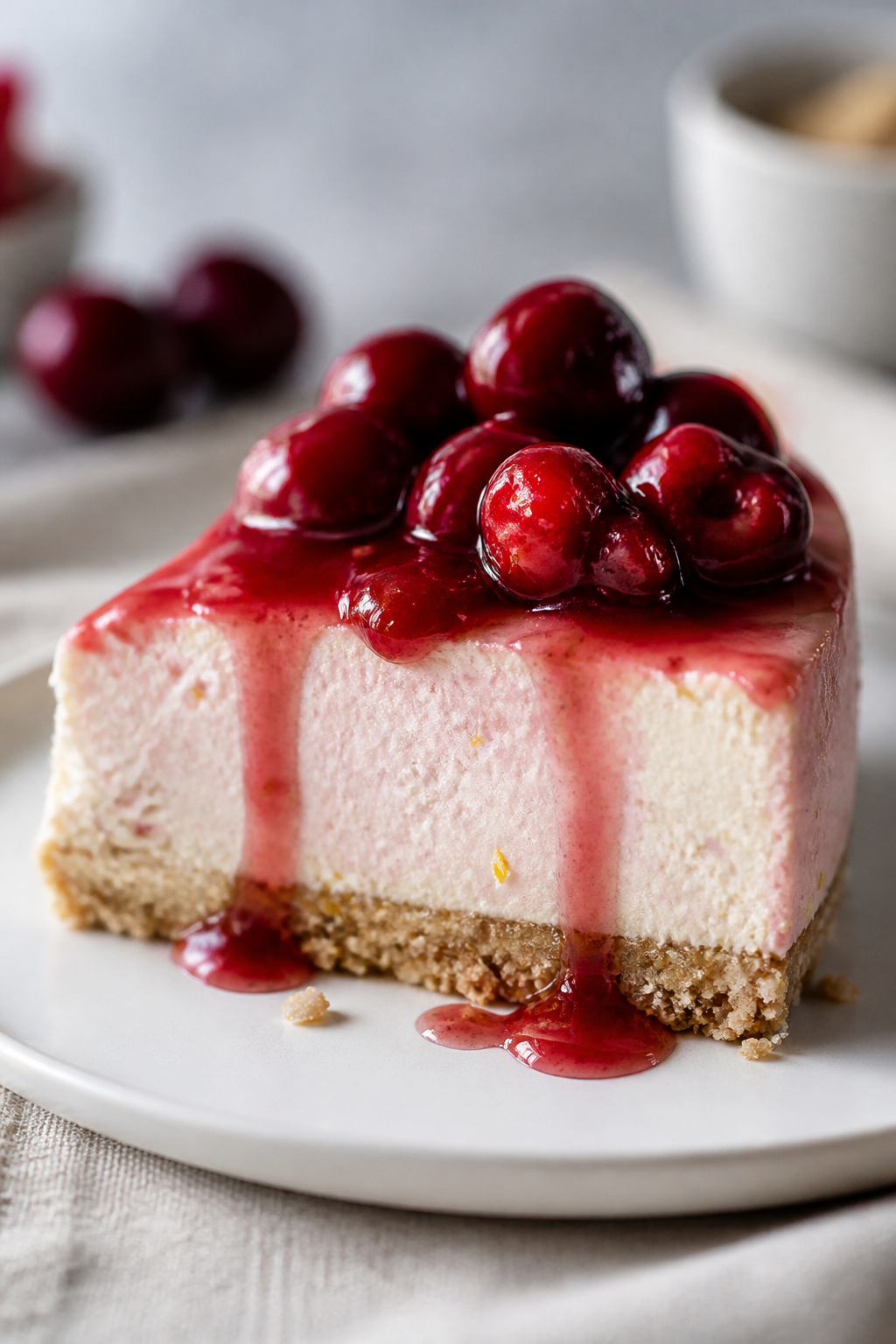 Close-up detail shot: A creamy slice of high-protein cherry cheesecake just cut, showing silky, crac