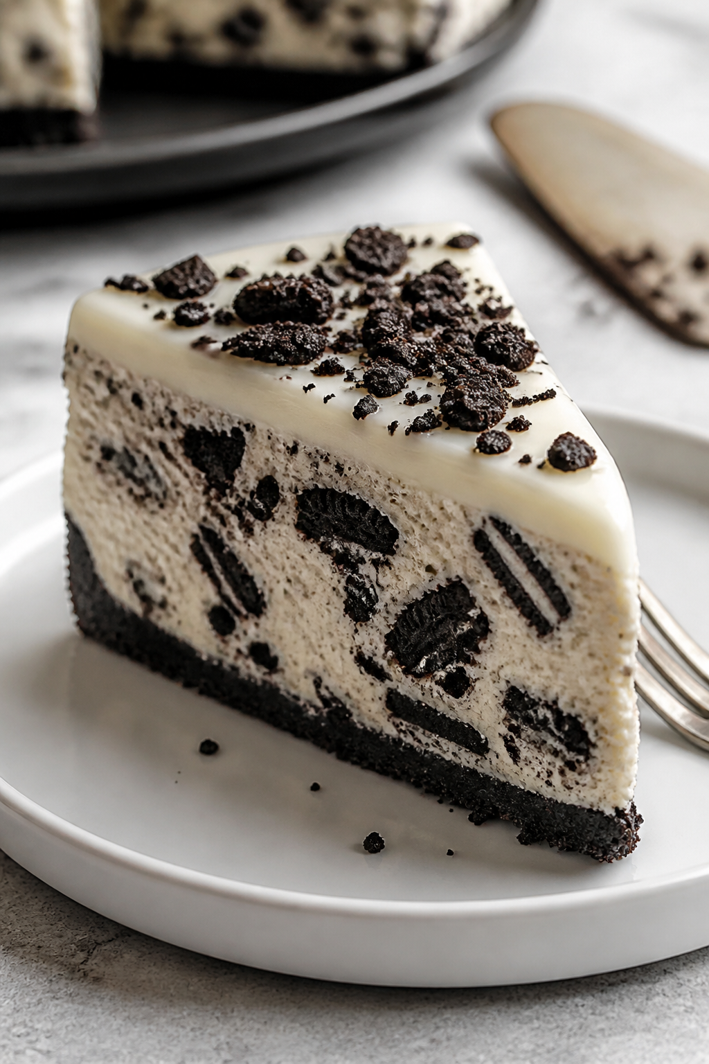 Close-up detail shot: A freshly sliced wedge of high-protein cookies and cream cheesecake, showing a