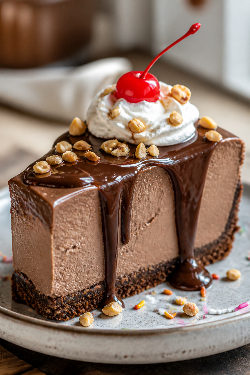 Close-up detail shot: A silky slice of High Protein Hot Fudge Sundae Cheesecake just cut, showing th
