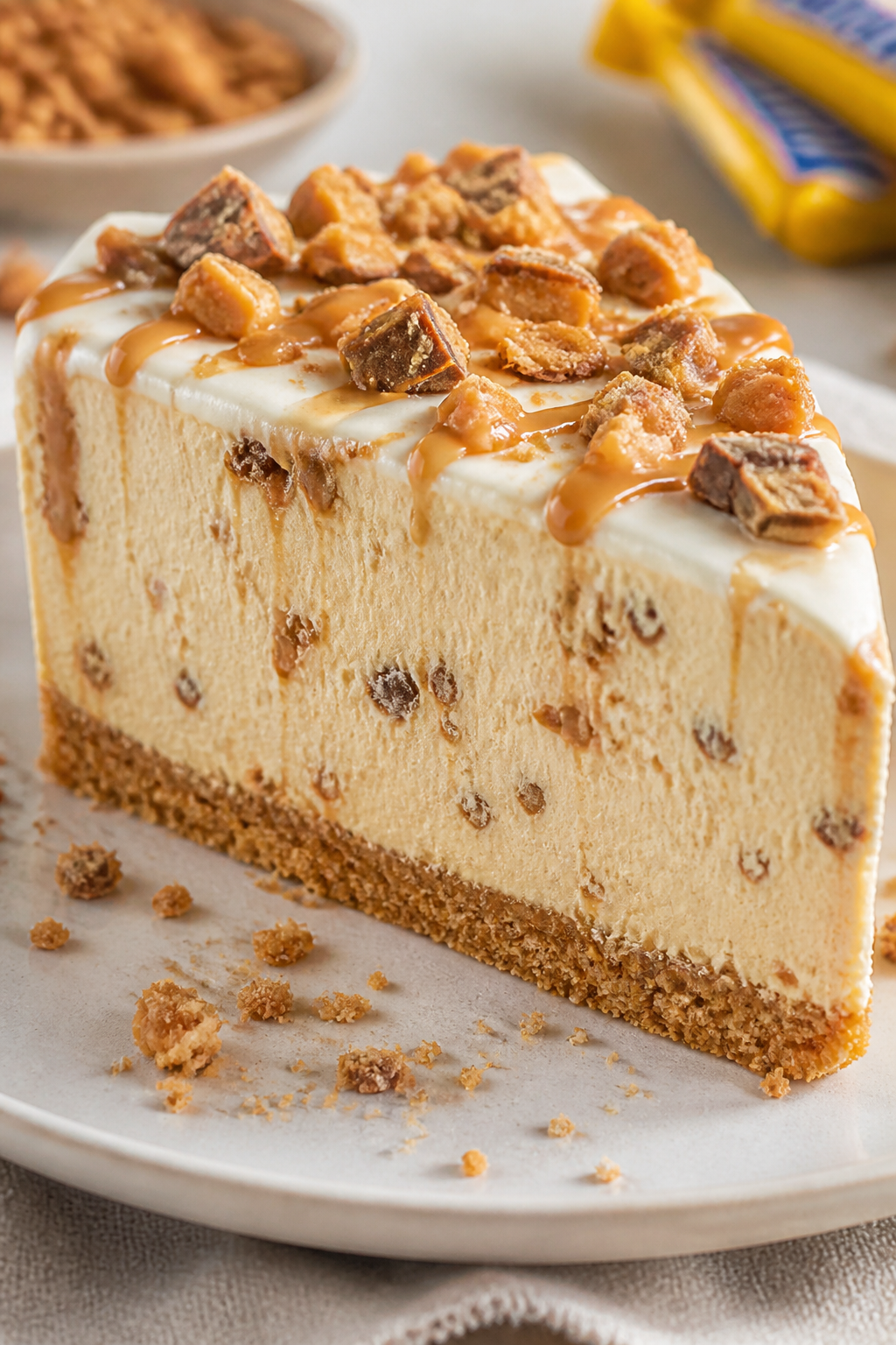 Close-up detail shot: A slice of High Protein Butterfinger Cheesecake just after chilling, showing t