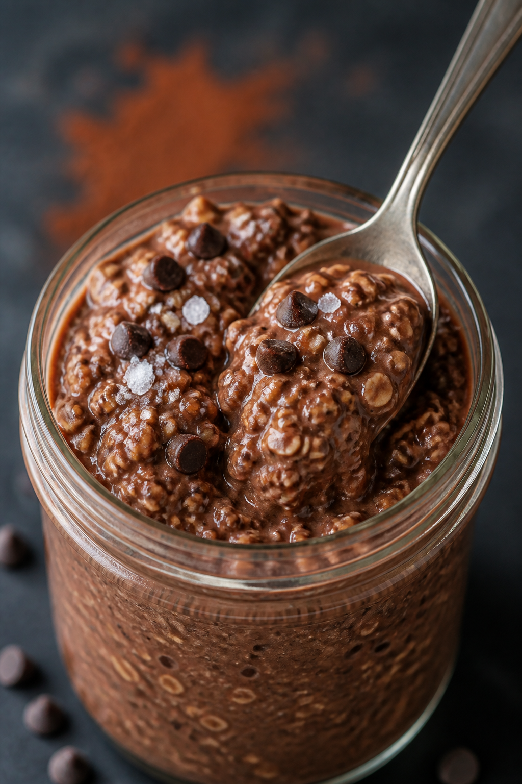 Close-up detail shot: a spoon scooping through thick, creamy double chocolate overnight oats in a gl
