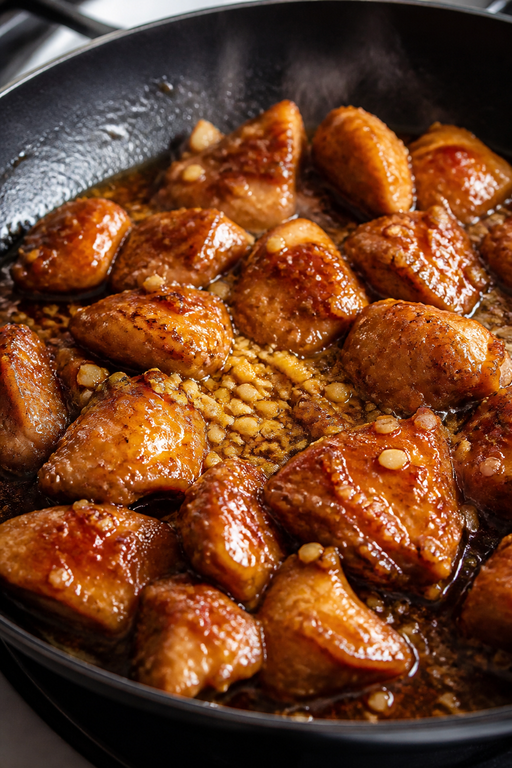 Close-up detail shot: Glazed honey garlic chicken thigh pieces sizzling in a wide skillet, sauce vis