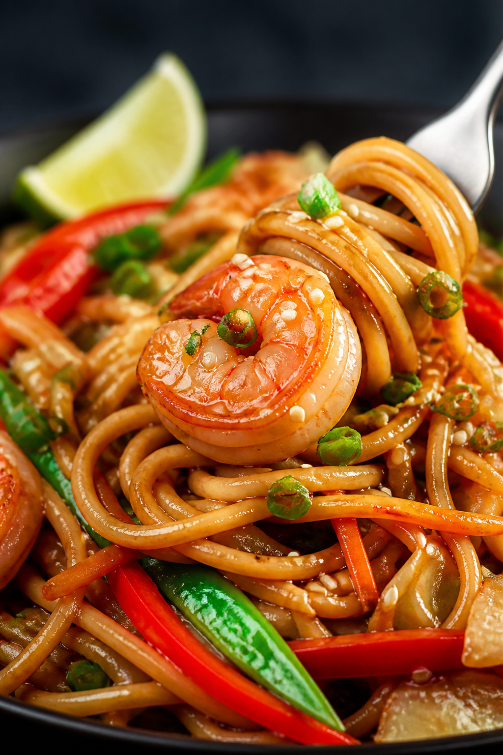Close-up detail shot: Glossy lo mein noodles twirled around plump, just-seared shrimp, lightly curle