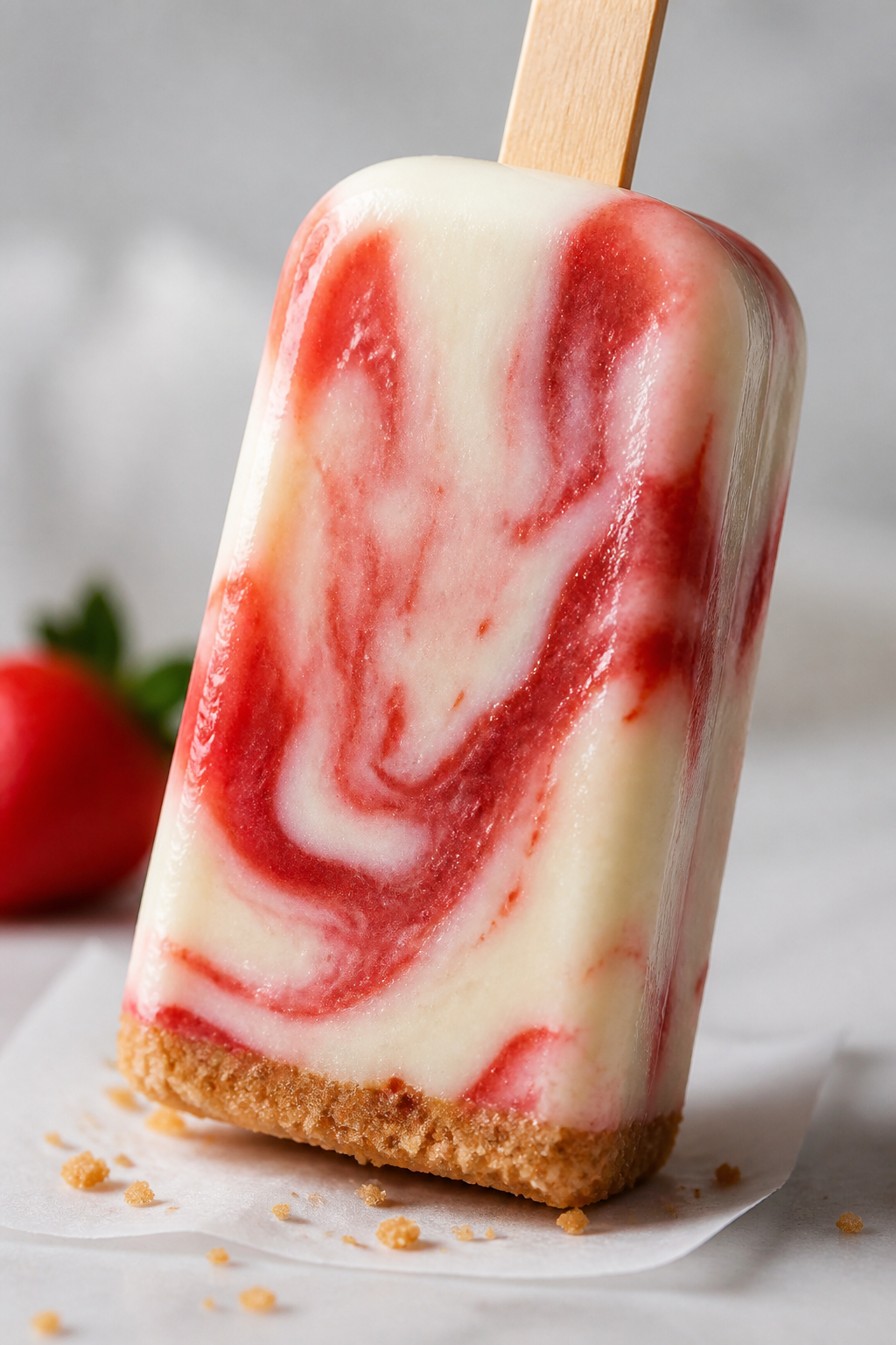 Close-up detail shot of a creamy cheesecake popsicle just unmolded, with a visible marbled strawberr