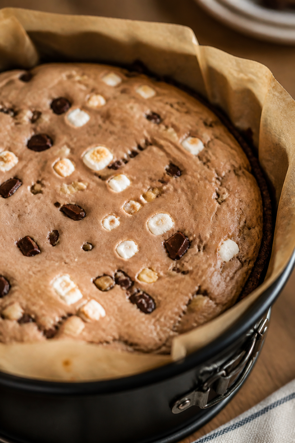 Close-up detail shot of a freshly baked rocky road cheesecake just out of the oven in a parchment-li