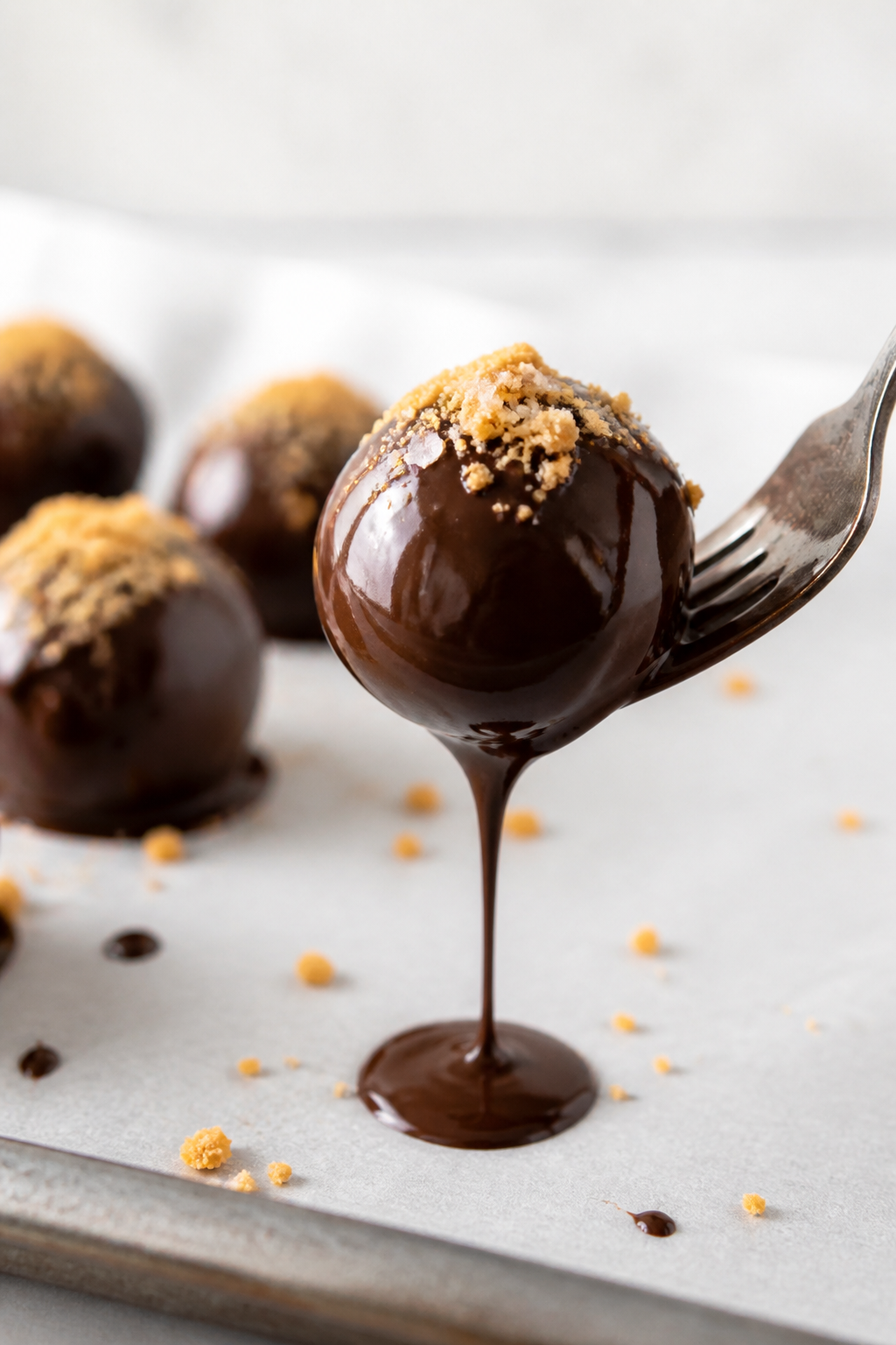 Close-up detail shot of a high protein cheesecake truffle freshly dipped in glossy dark chocolate, e