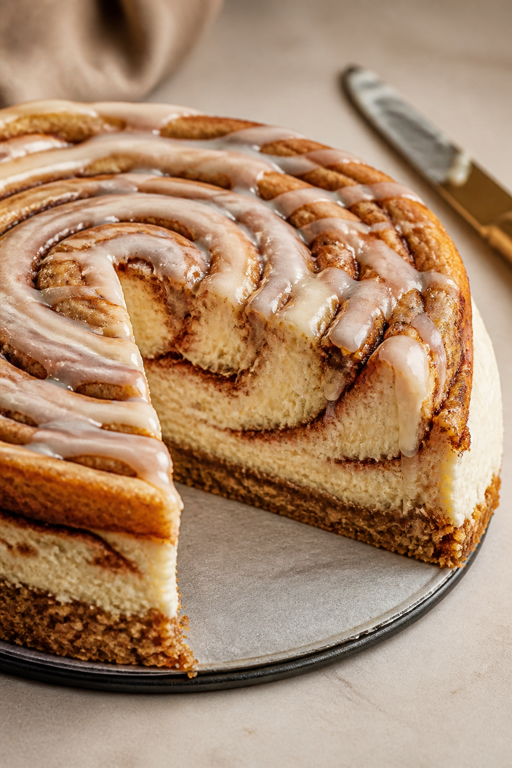 Close-up detail shot of a just-sliced High Protein Cinnamon Roll Cheesecake on the springform base: