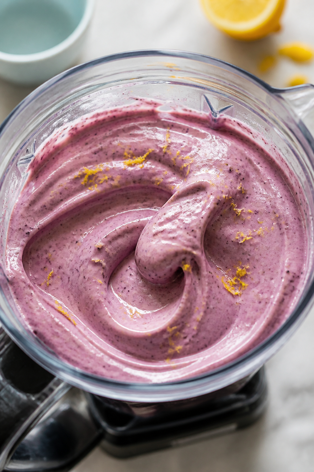 Close-up detail shot of a thick, creamy cheesecake smoothie blend being swirled in a high-speed blen