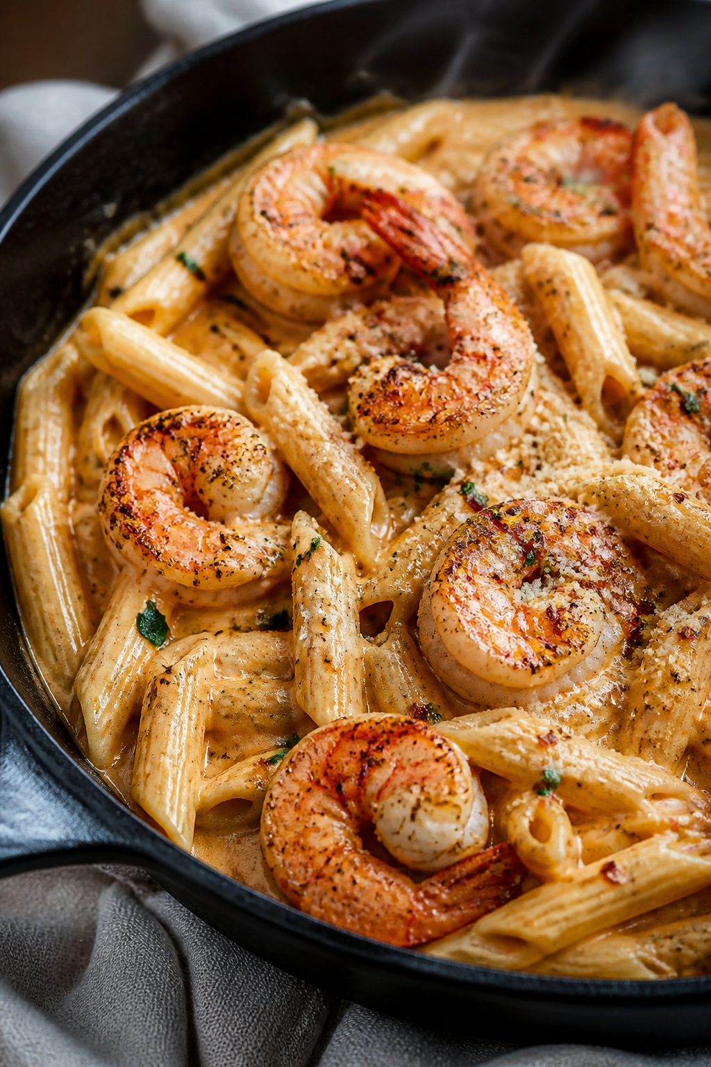 Close-up detail shot of seared Cajun shrimp just returned to a creamy sauce with penne, showing glos