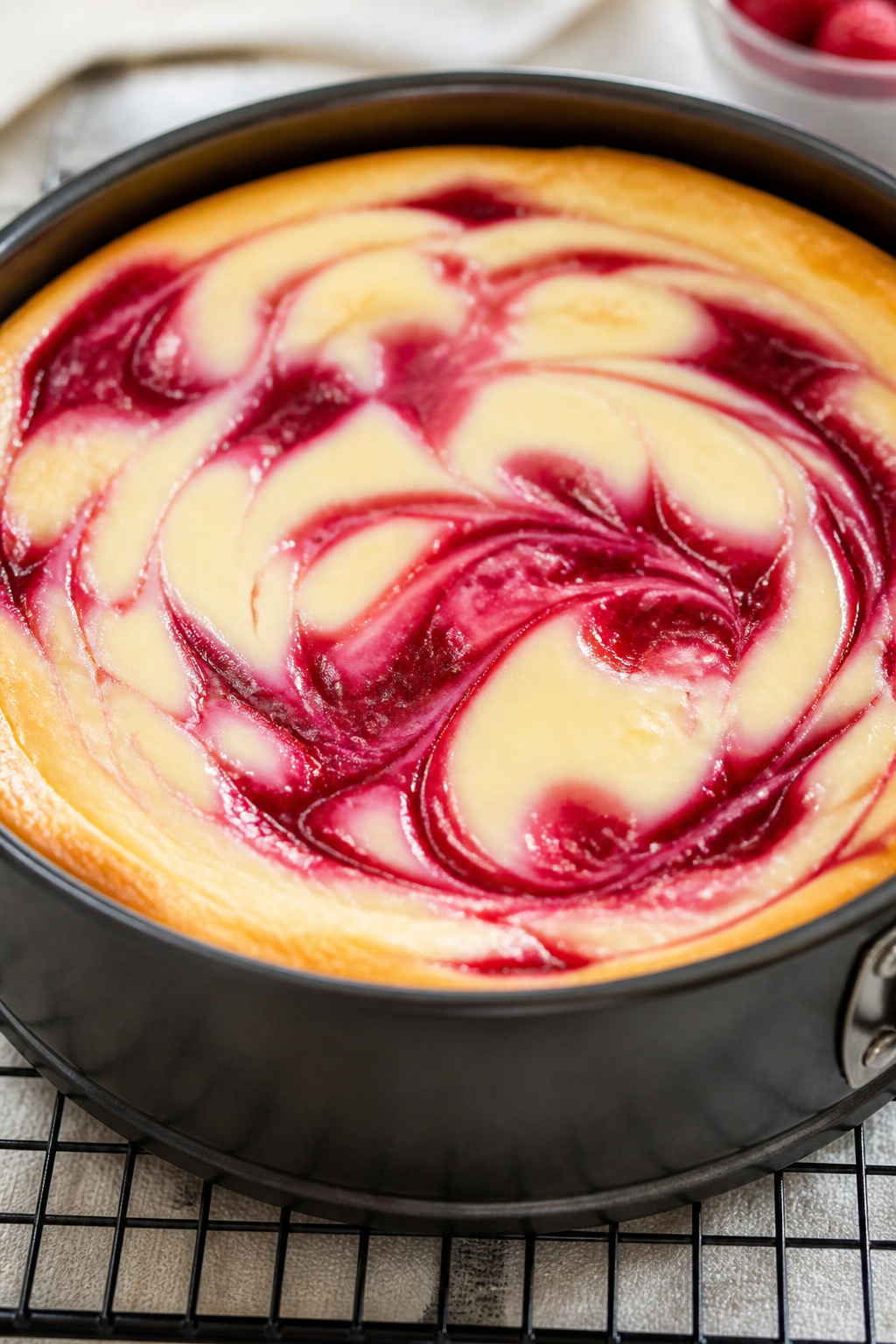 Close-up detail shot of the baked raspberry swirl surface of the cheesecake just out of the pan, sho