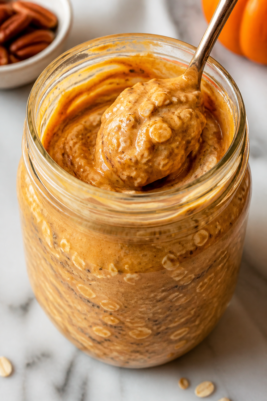 Close-up detail shot of thick, creamy pumpkin spice high-protein overnight oats being stirred in a c