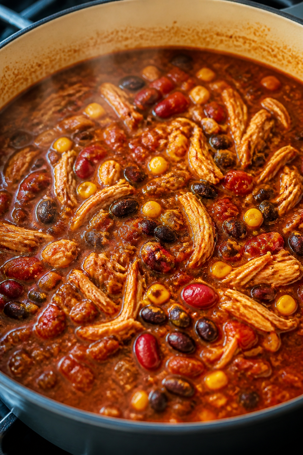 Close-up detail shot: shredded chicken chili simmering in a Dutch oven after the chicken is pulled a