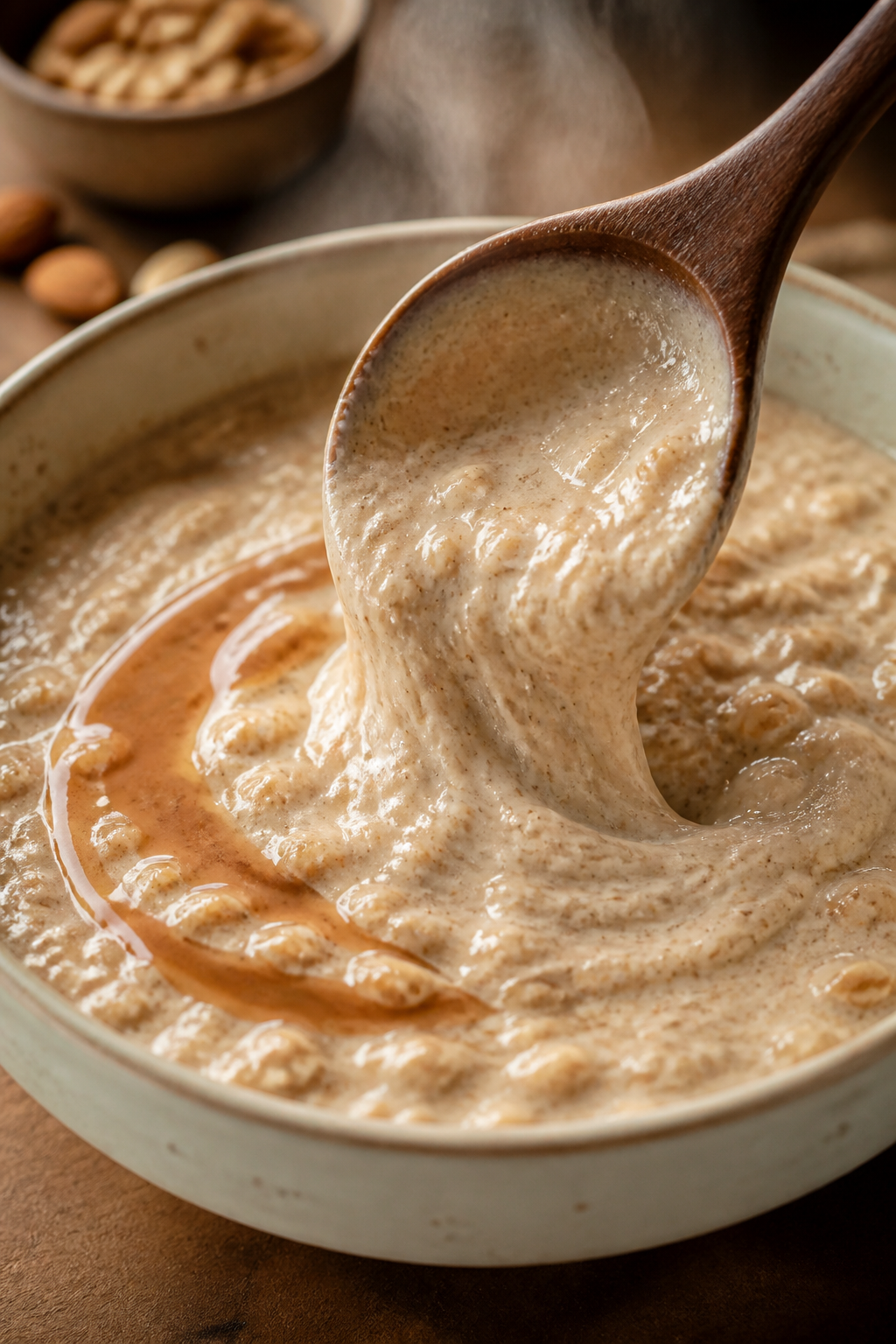 Close-up detail: Silky almond butter protein oatmeal just after folding in the protein slurry over l