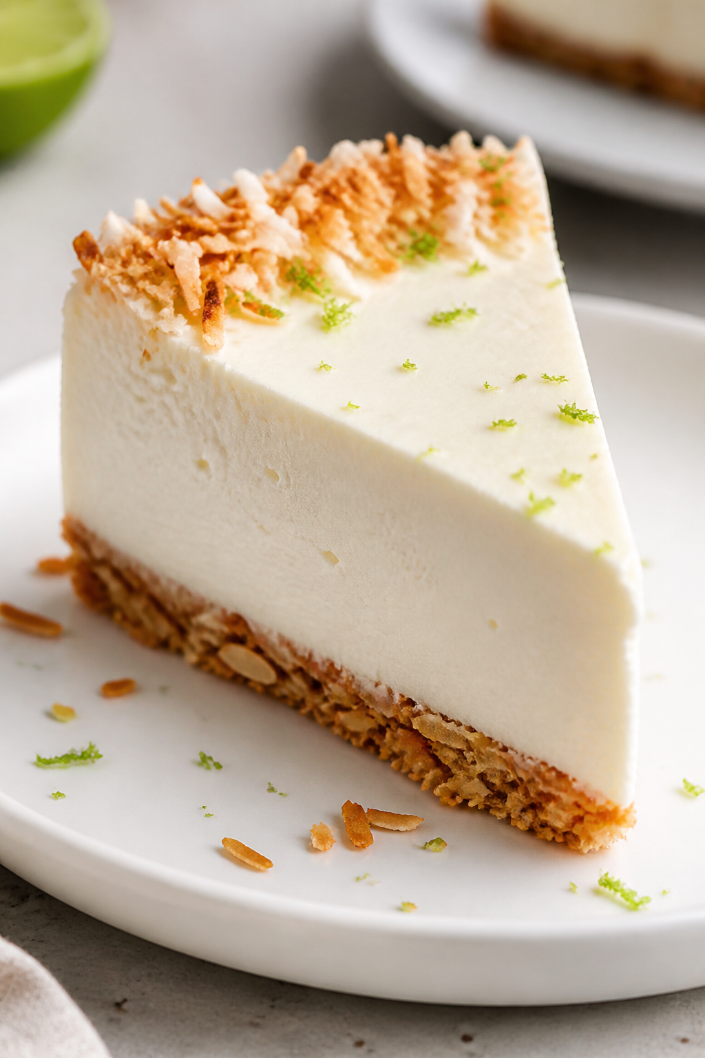 Close-up detail: Silky coconut cream cheesecake slice with a crisp, lightly golden almond-coconut cr