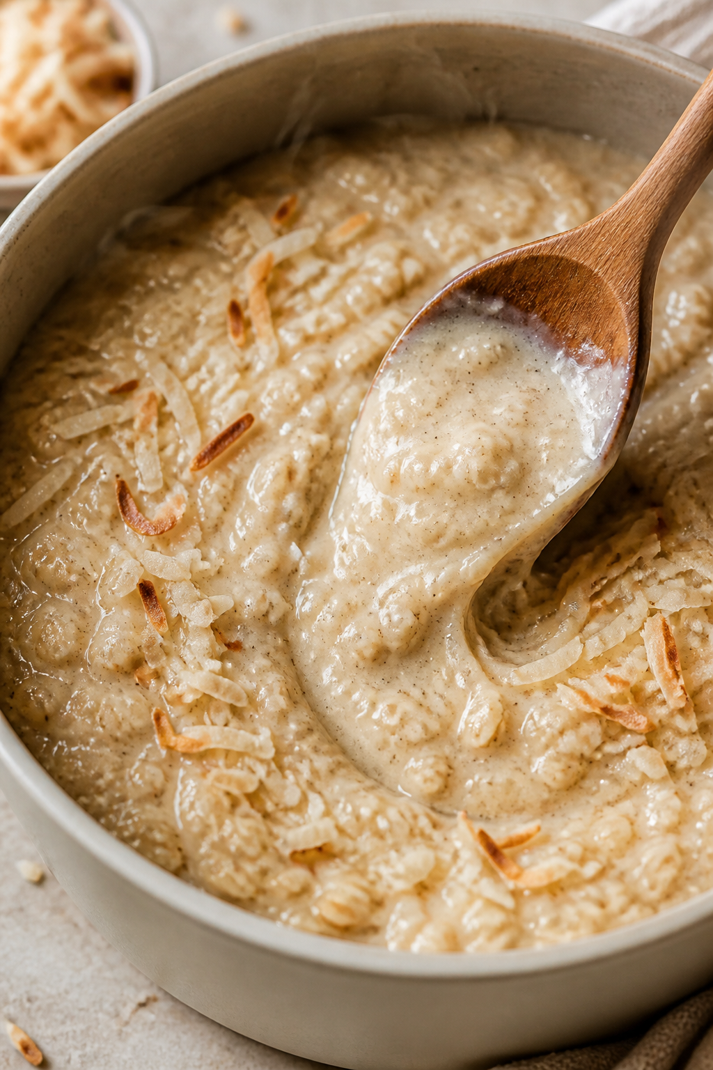 Close-up detail: Silky coconut cream pie protein oatmeal just off the stove, spoon dragging a creamy