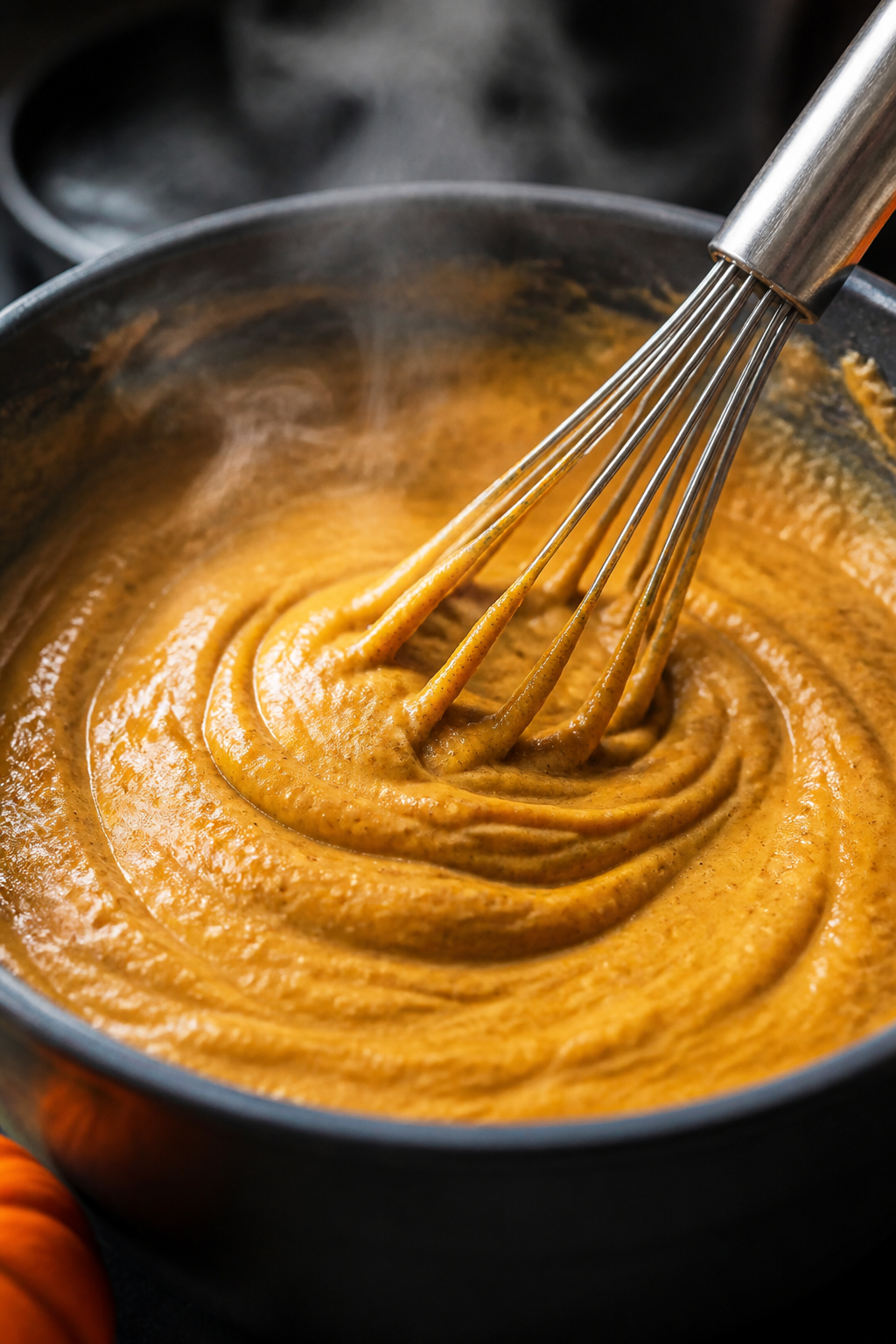 Close-up detail: Silky pumpkin spice protein oatmeal just off the heat, being whisked smooth as prot