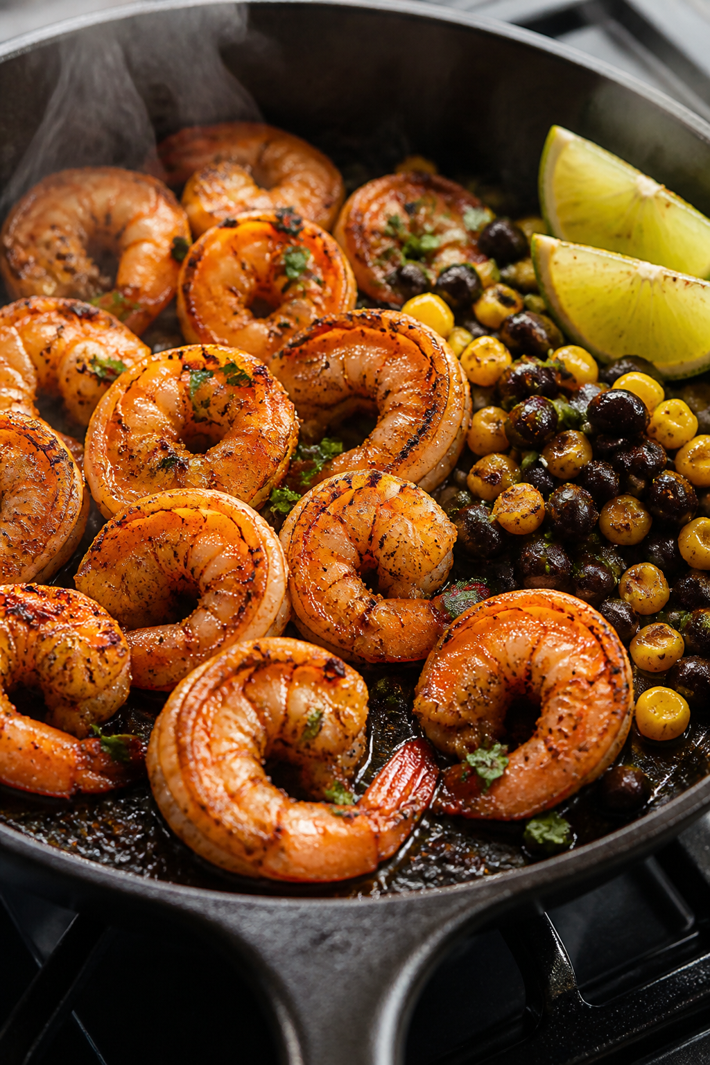 Close-up detail: Sizzling chili-cumin shrimp in a hot skillet, just-cooked and lightly charred edges