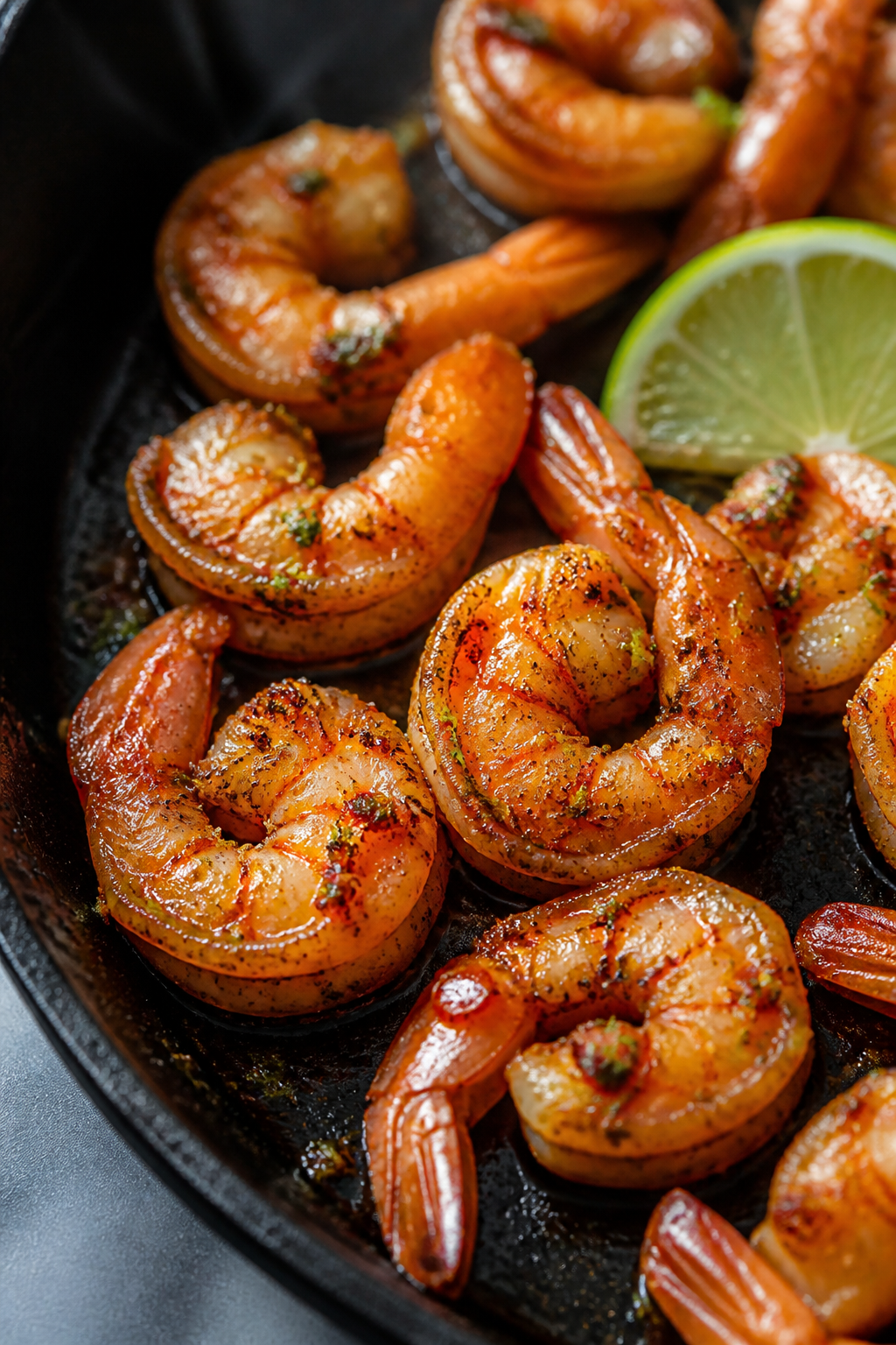 Close-up detail: Sizzling chili lime shrimp in a hot cast-iron skillet, shrimp opaque with light sea