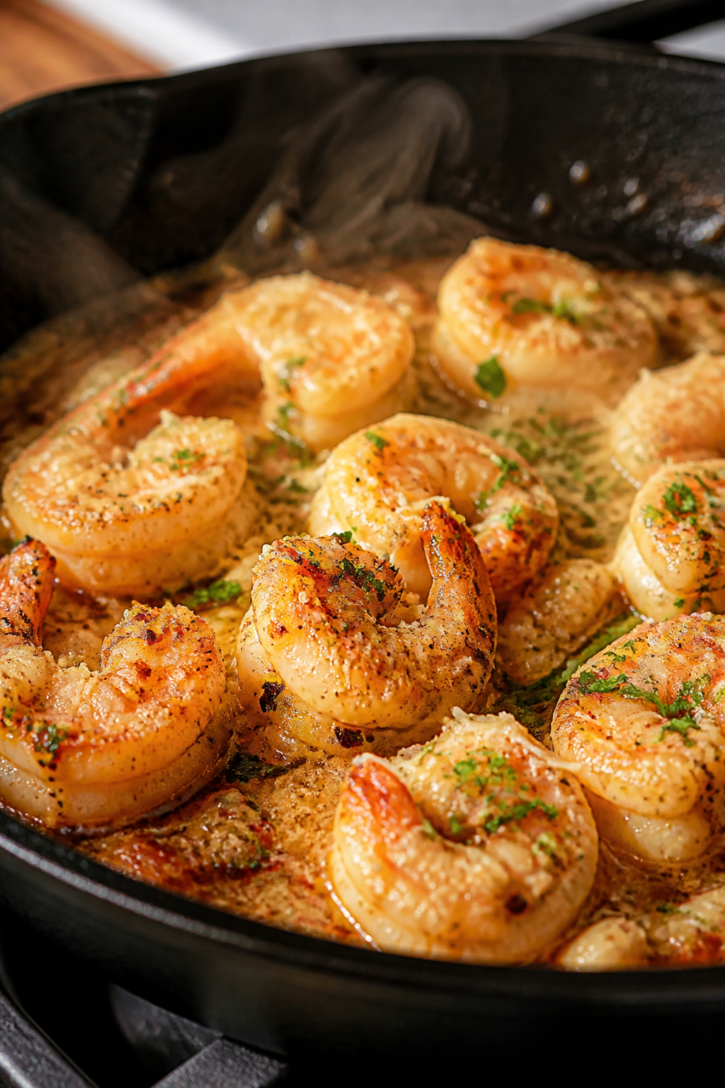 Close-up detail: Sizzling garlic parmesan shrimp in a buttery lemon pan sauce mid-cook, shrimp pink 