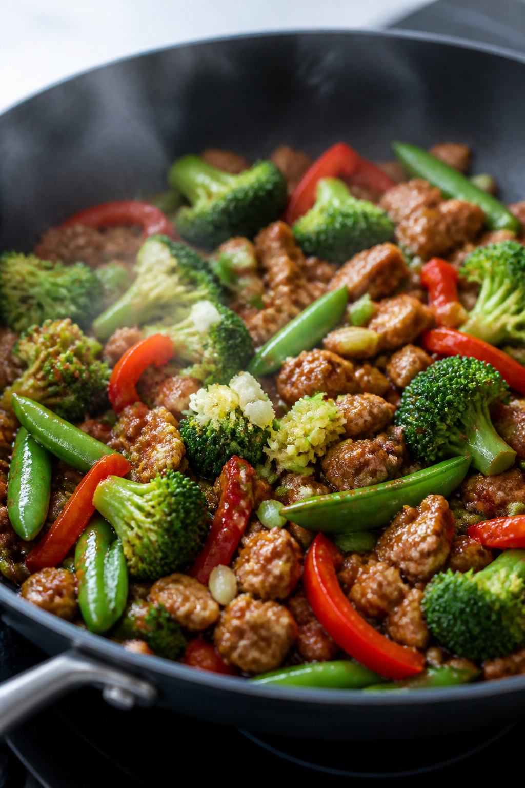 Close-up detail: Sizzling ground turkey stir fry mid-cook in a dark nonstick skillet, browned craggl