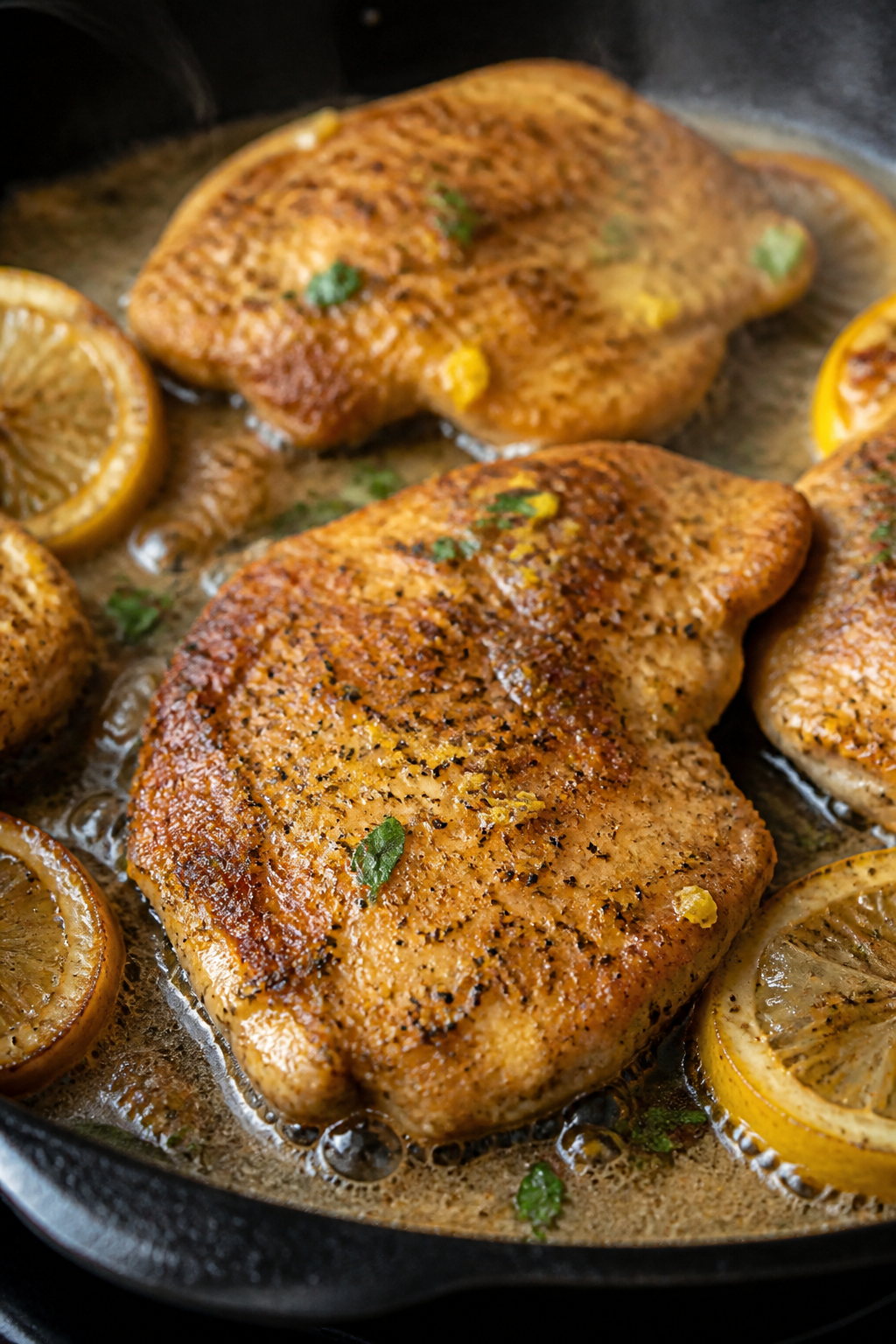 Close-up detail: Sizzling lemon pepper chicken cutlets just after searing in a cast-iron skillet, go