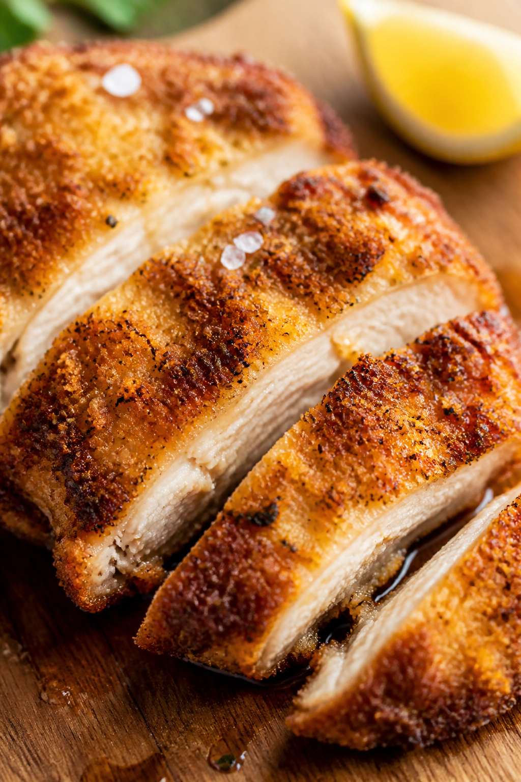 Close-up detail: Sliced air-fried chicken cutlet with ultra-crispy panko-Parmesan crust, golden-brow