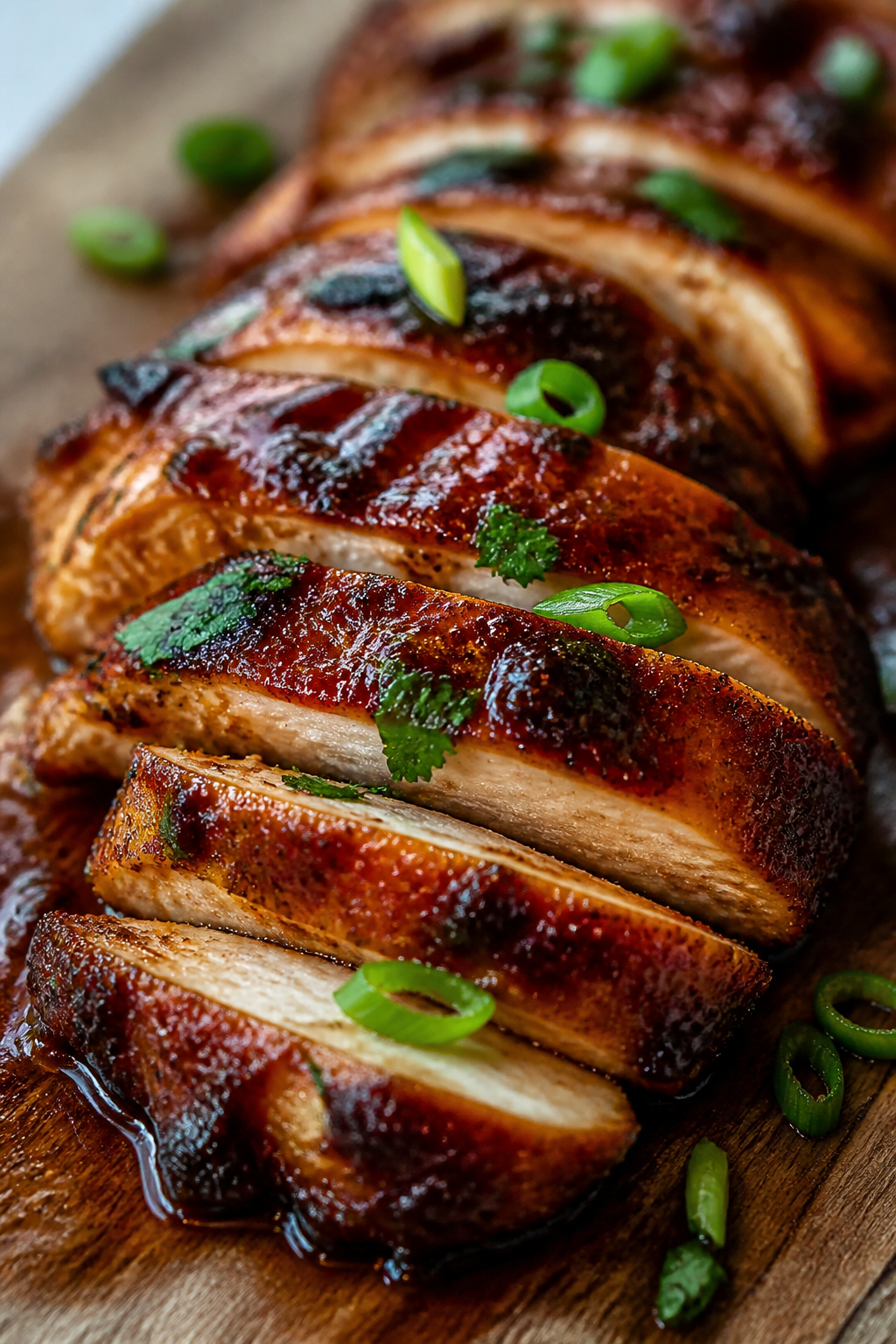 Close-up detail: Sliced BBQ-glazed chicken thighs just rested and cut on a wooden board, lacquered s