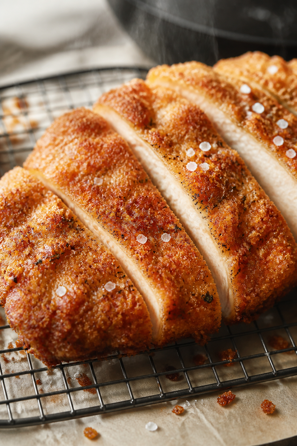 Close-up detail: Sliced crispy chicken cutlet just off the skillet, ultra-golden panko crust with vi