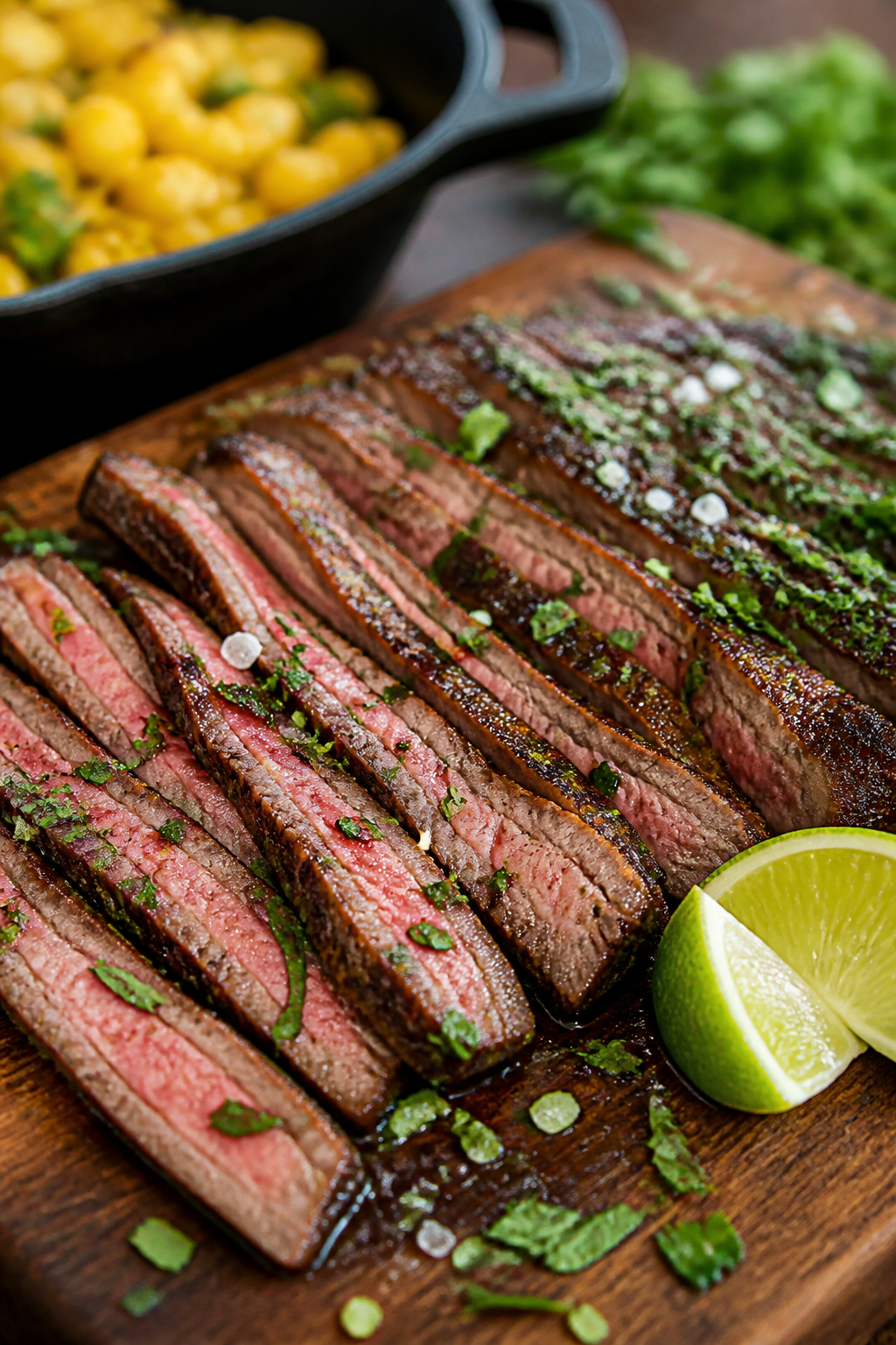 Close-up detail: Sliced medium-rare flank steak just off the grill, glistening with chili-lime rub a
