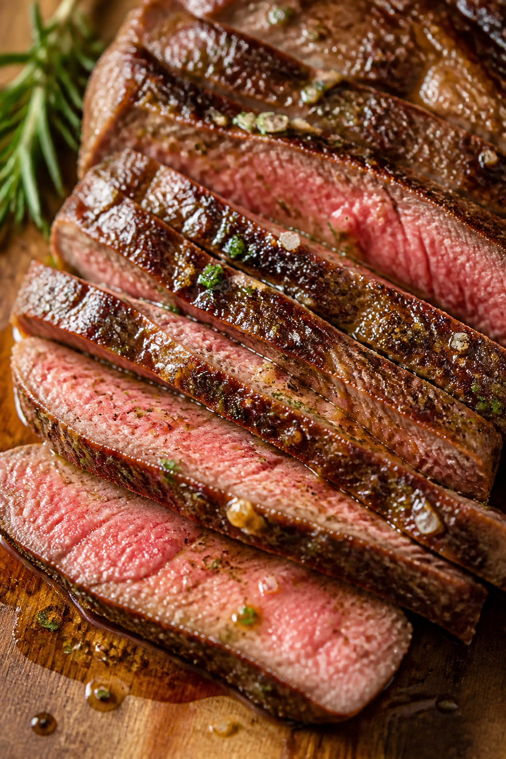 Close-up detail: Sliced medium-rare New York strip steak just after resting, glistening with foaming