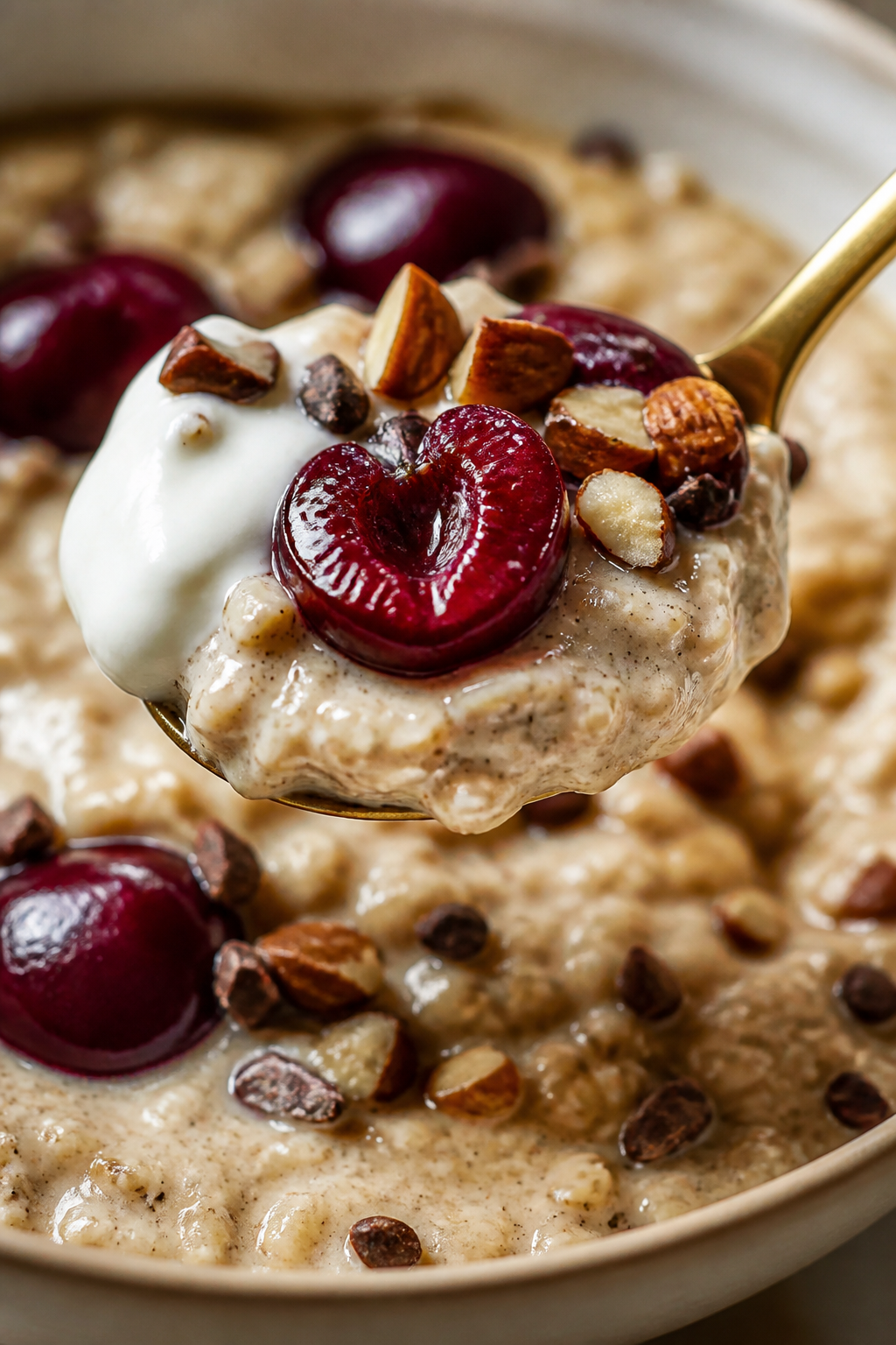 Close-up detail, : Spoonful of finished cherry vanilla protein oatmeal lifted from a bowl, showcasin