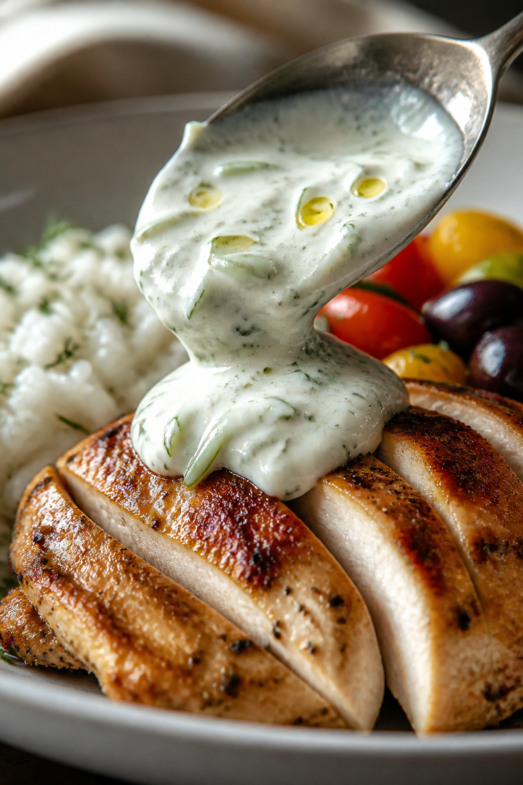 Close-up detail – Spoonful of tzatziki being dolloped onto sliced chicken in the bowl: ultra-cream