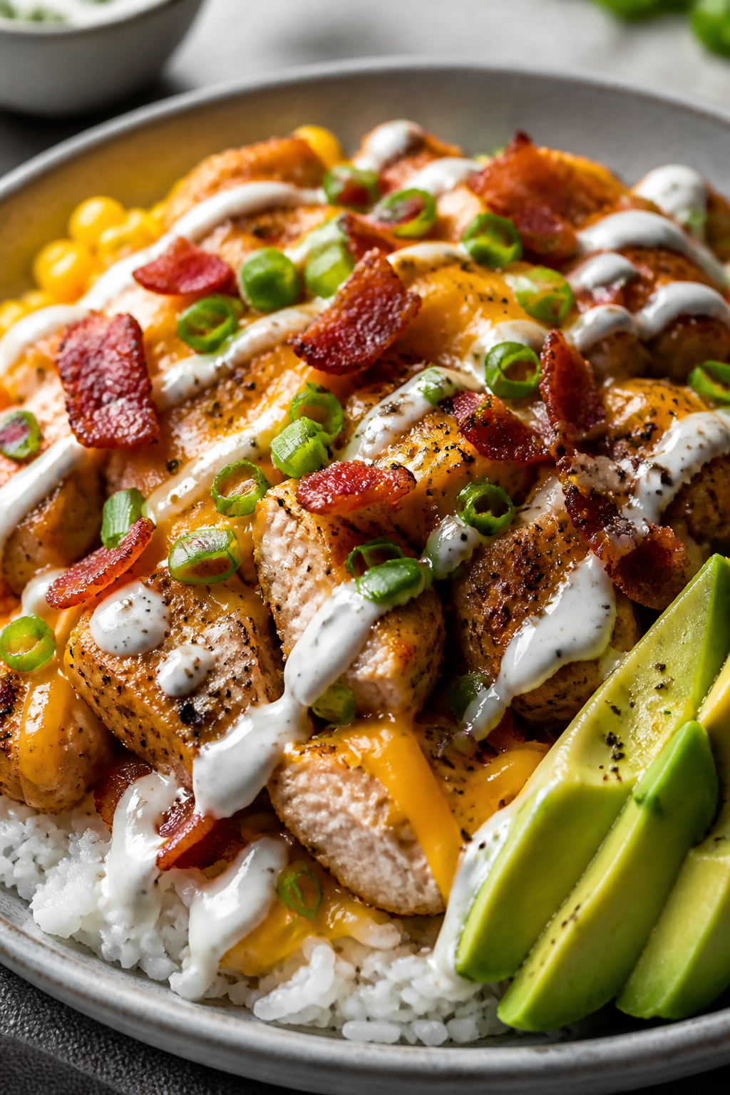 Close-up detail, texture and drizzle: Ultra-close shot of a composed Chicken Bacon Ranch Rice Bowl f
