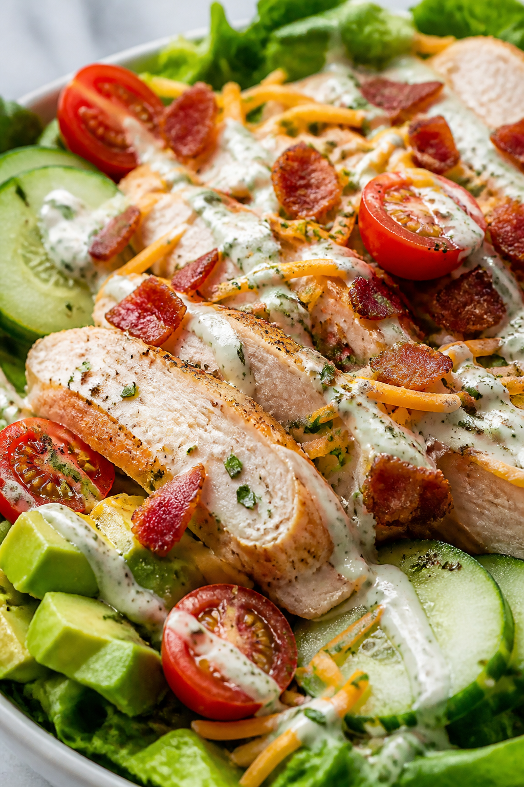 Close-up detail: Thick-cut roasted turkey ribbons and crunchy bacon crumbles nestled on romaine, wit