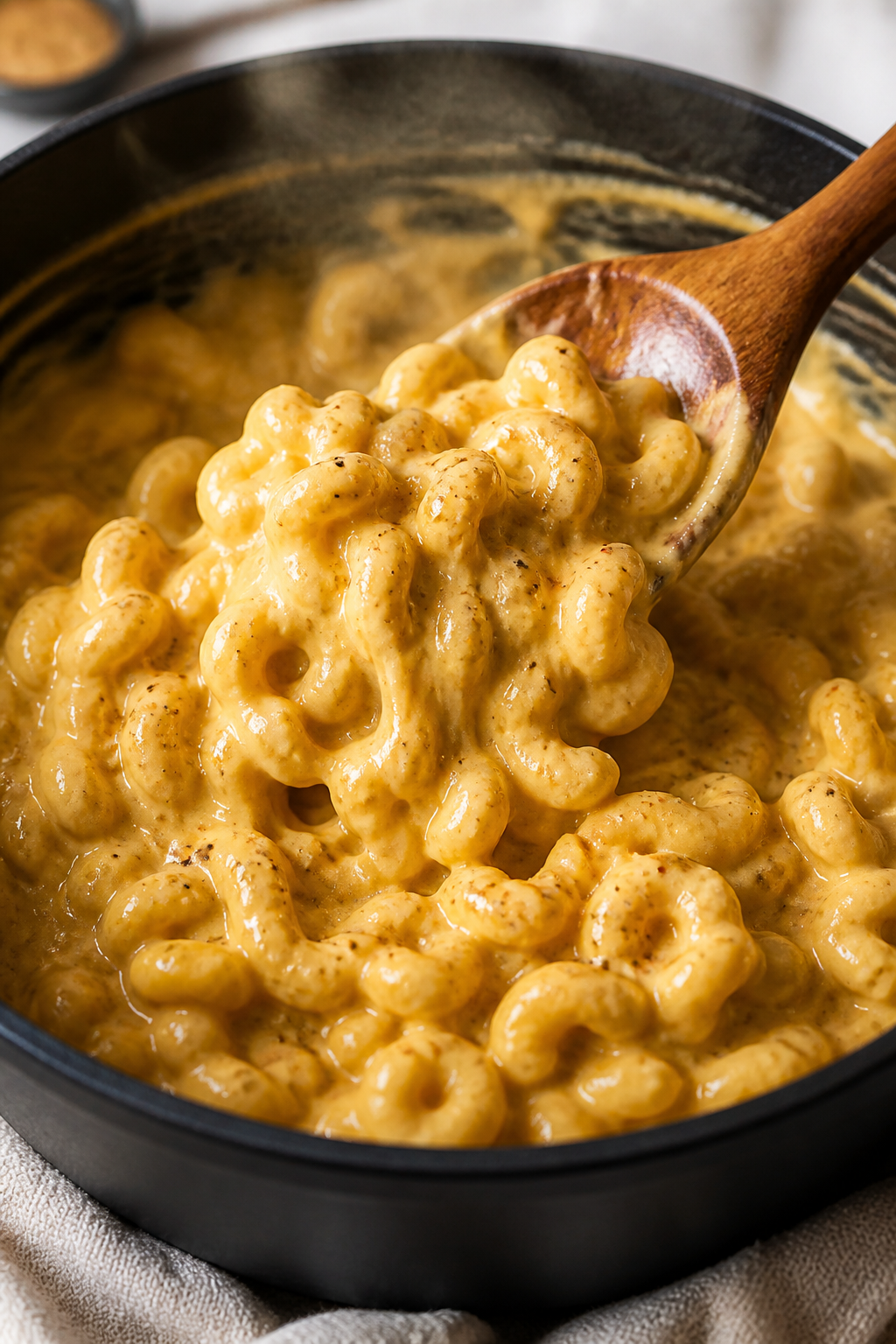 Close-up detail: Ultra-creamy high-protein mac and cheese being stirred in a pot over low heat, ribb