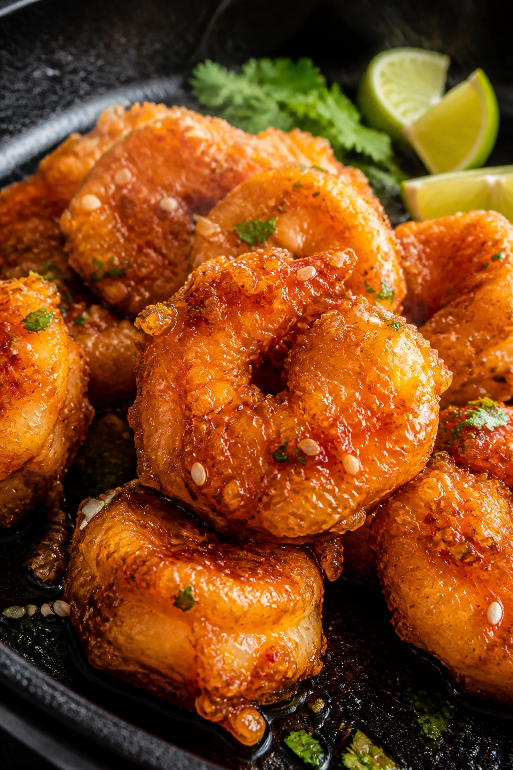 Close-up detail: Ultra-crispy hot honey shrimp just out of the pan, golden craggy cornstarch crust g