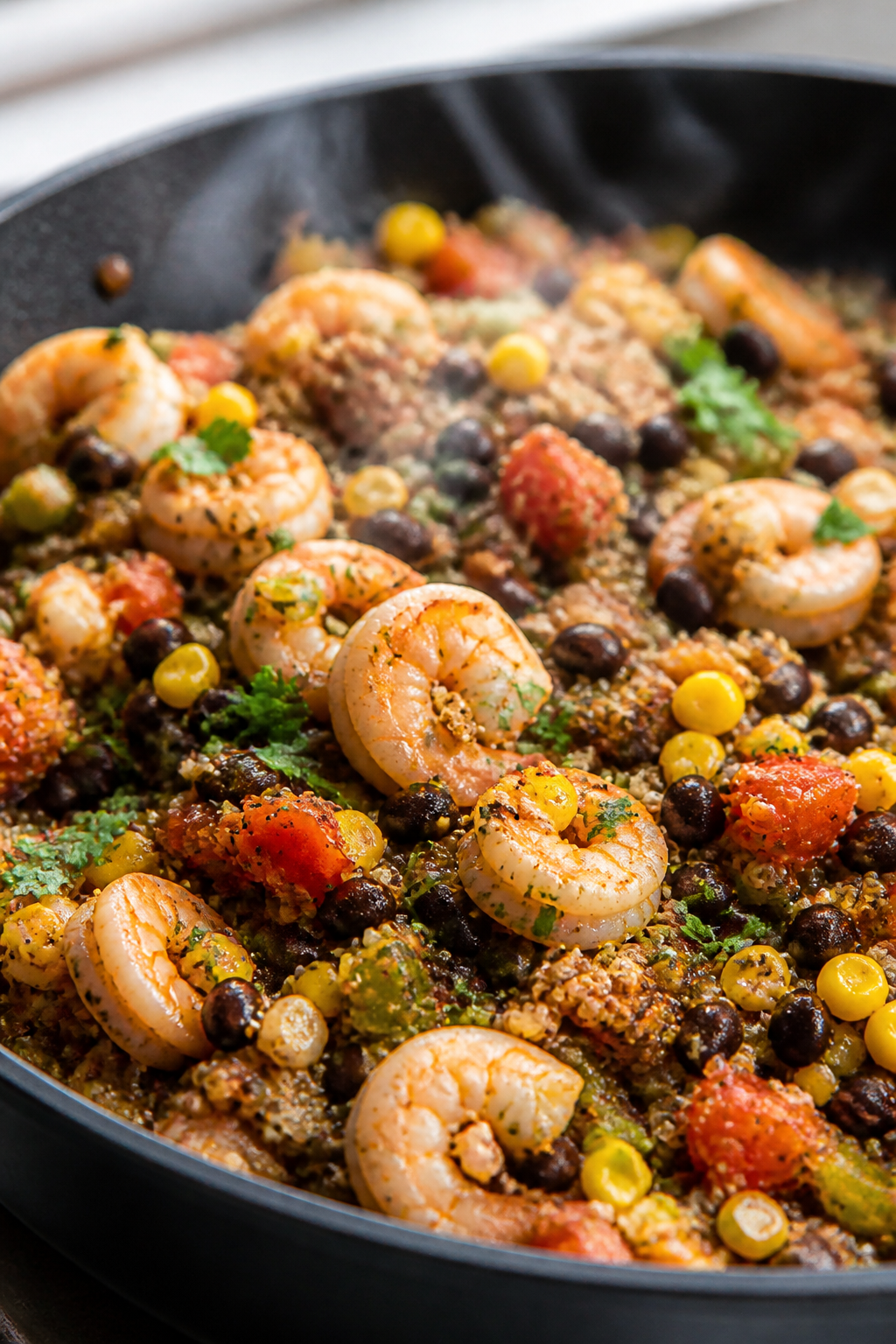 Close-up of shrimp taco filling just finished in the skillet: pink, juicy chopped shrimp folded into