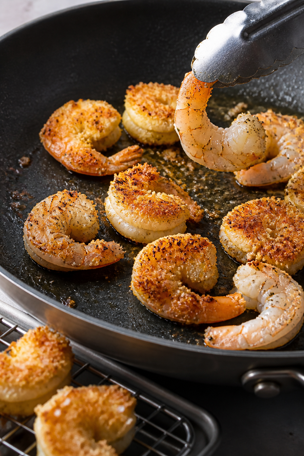Close-up process shot of golden Parmesan-panko crusted shrimp sizzling in a lightly oiled nonstick s