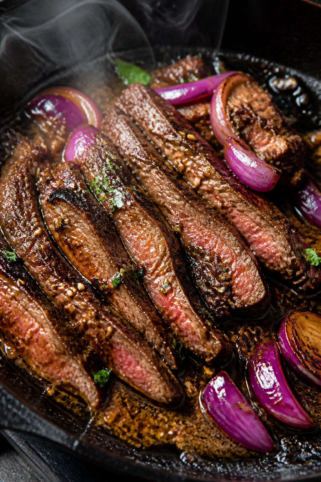 Cooking process, action close-up: Searing thinly sliced flank steak in a smoking-hot cast-iron skill