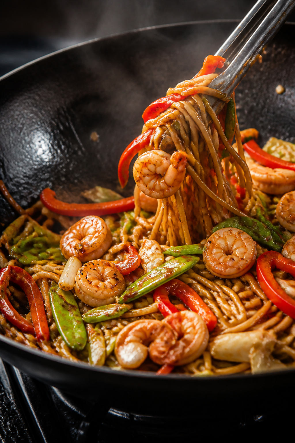Cooking process action shot: Shrimp lo mein coming together in a hot wok—noodles being tossed with