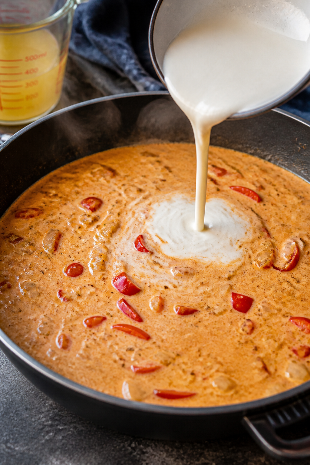 Cooking process action shot: the sauce base being built in a large skillet—onions and red bell pep
