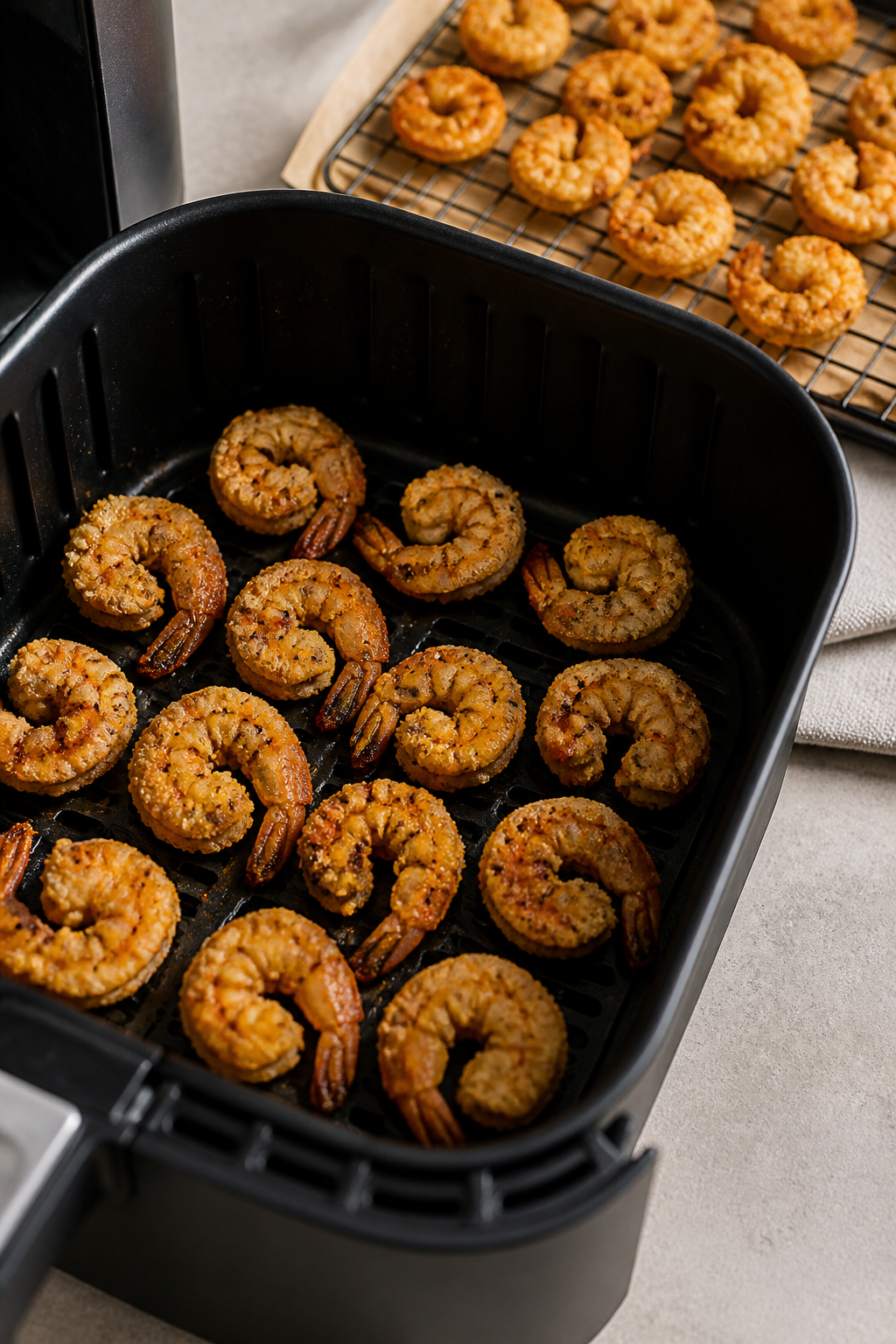Cooking process: Air fryer basket scene with a single, uncrowded layer of coated shrimp mid-cook at