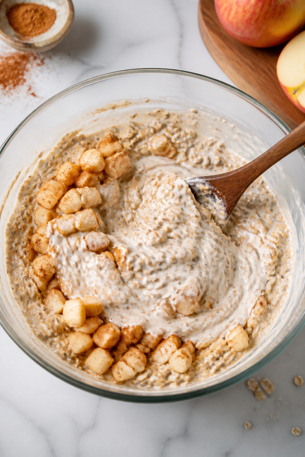 Cooking process: Apple Pie High Protein Overnight Oats being mixed in a clear bowl—whisked protein