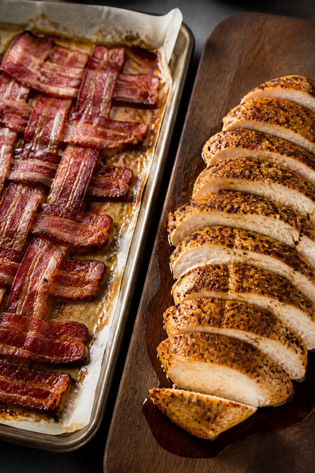 Cooking process: Bacon baked on a parchment-lined sheet pan at 400°F, shown fully cooked and deeply
