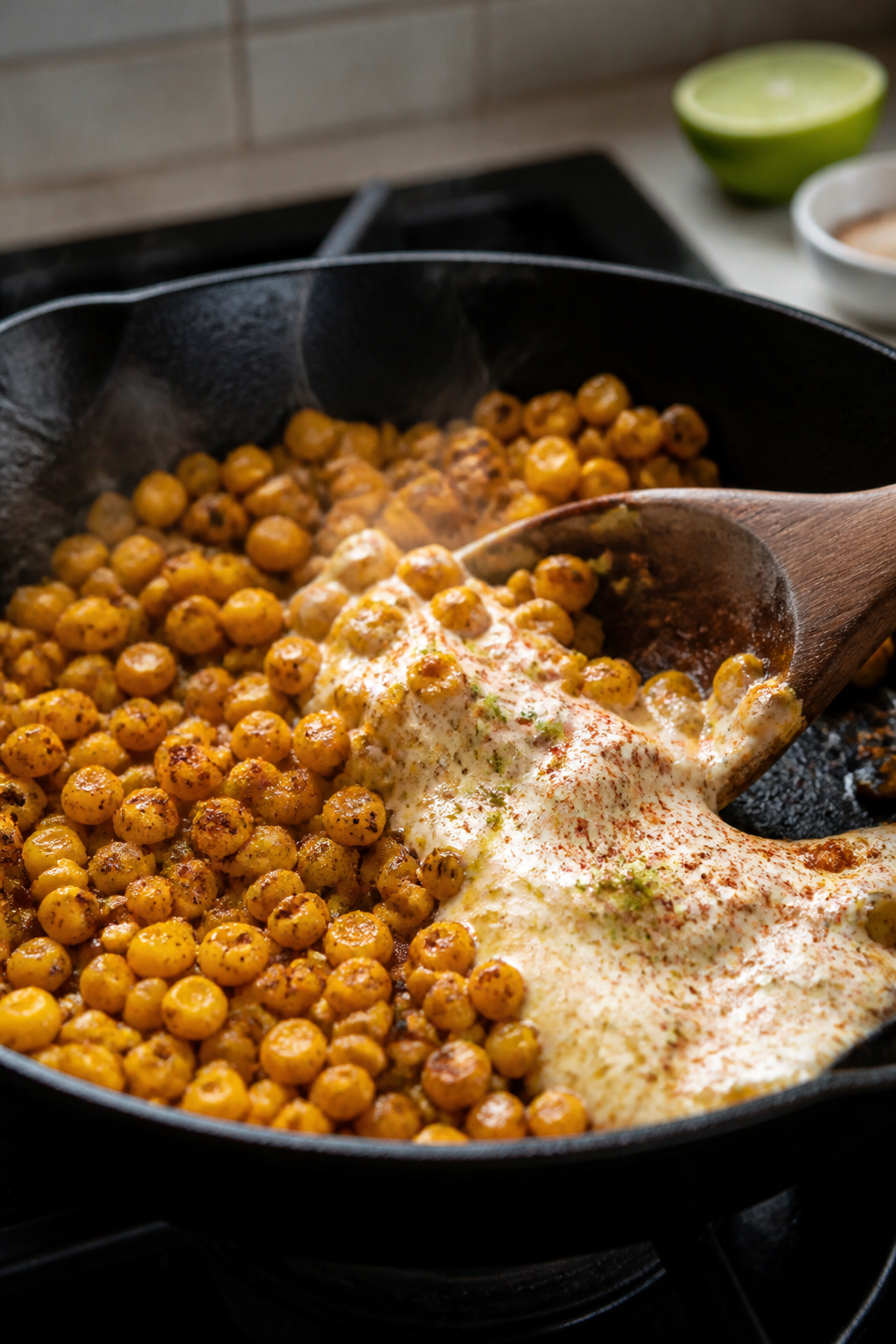 Cooking process — Charred corn mix coming together: Close-up of golden, lightly charred corn sizzl