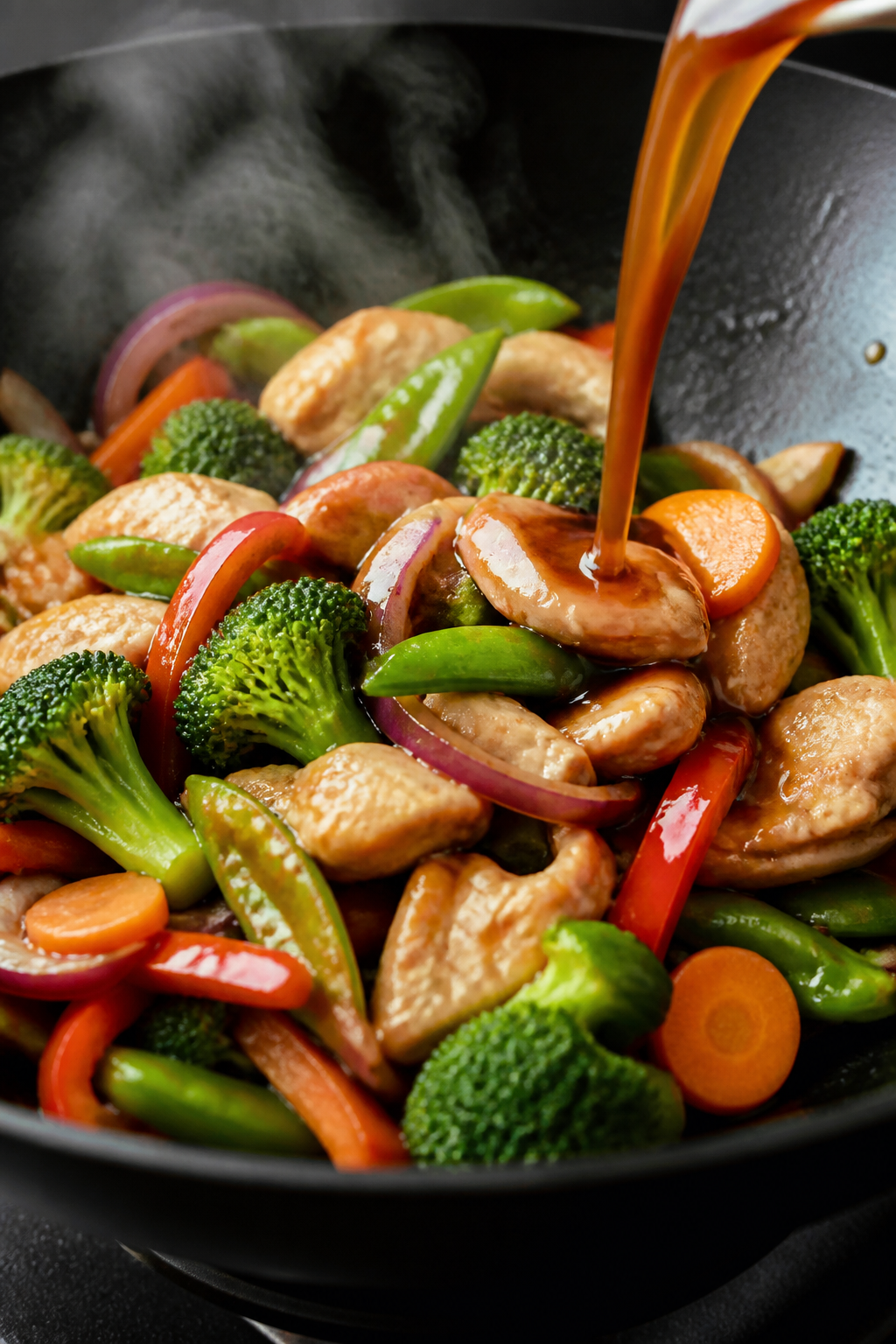 Cooking process – Chicken stir fry searing in a hot wok: thinly sliced cornstarch-coated chicken b